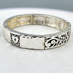 VTG Silver Tone Filigree Stretch Bracelet Hammered Heart Lock Panel Stackable